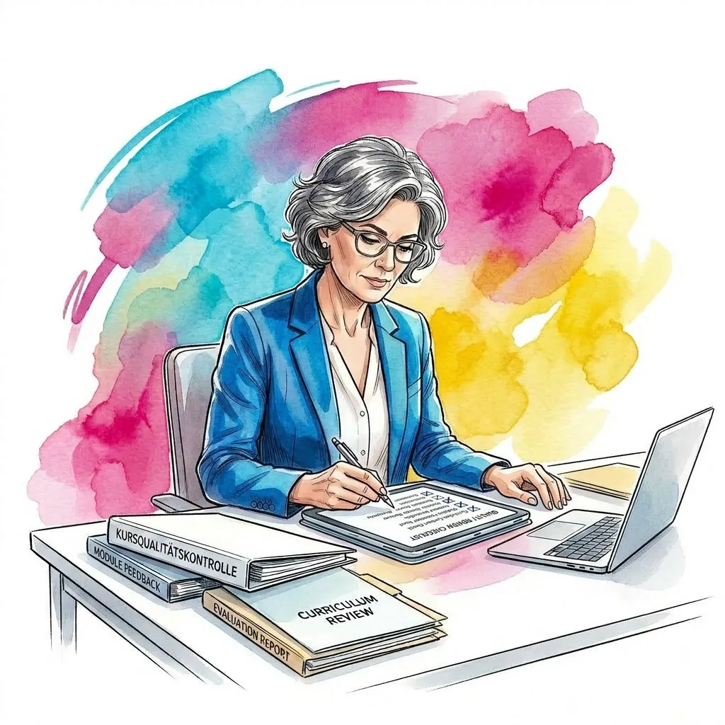 Woman sitting at a desk with a laptop doing quality assurance of eLearning materials