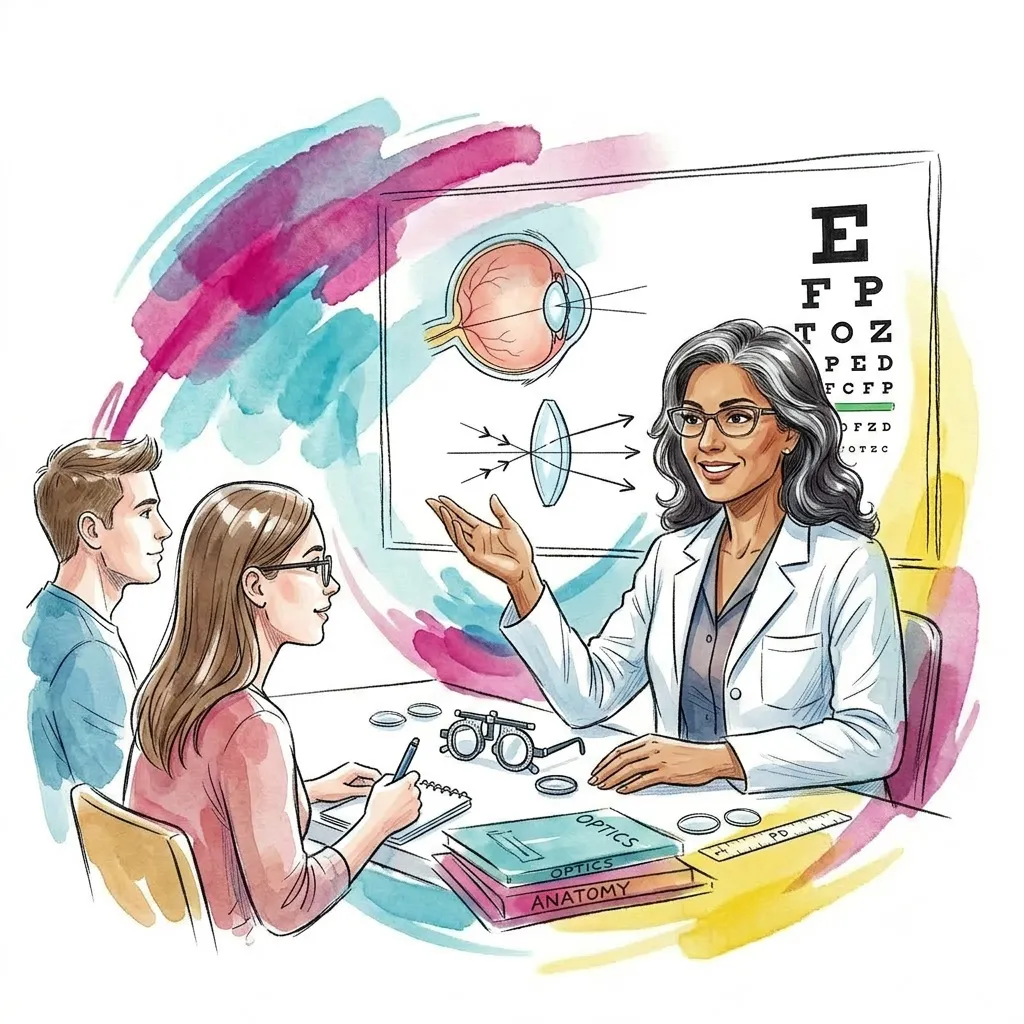 Optician instructor teaching students sitting at a desk