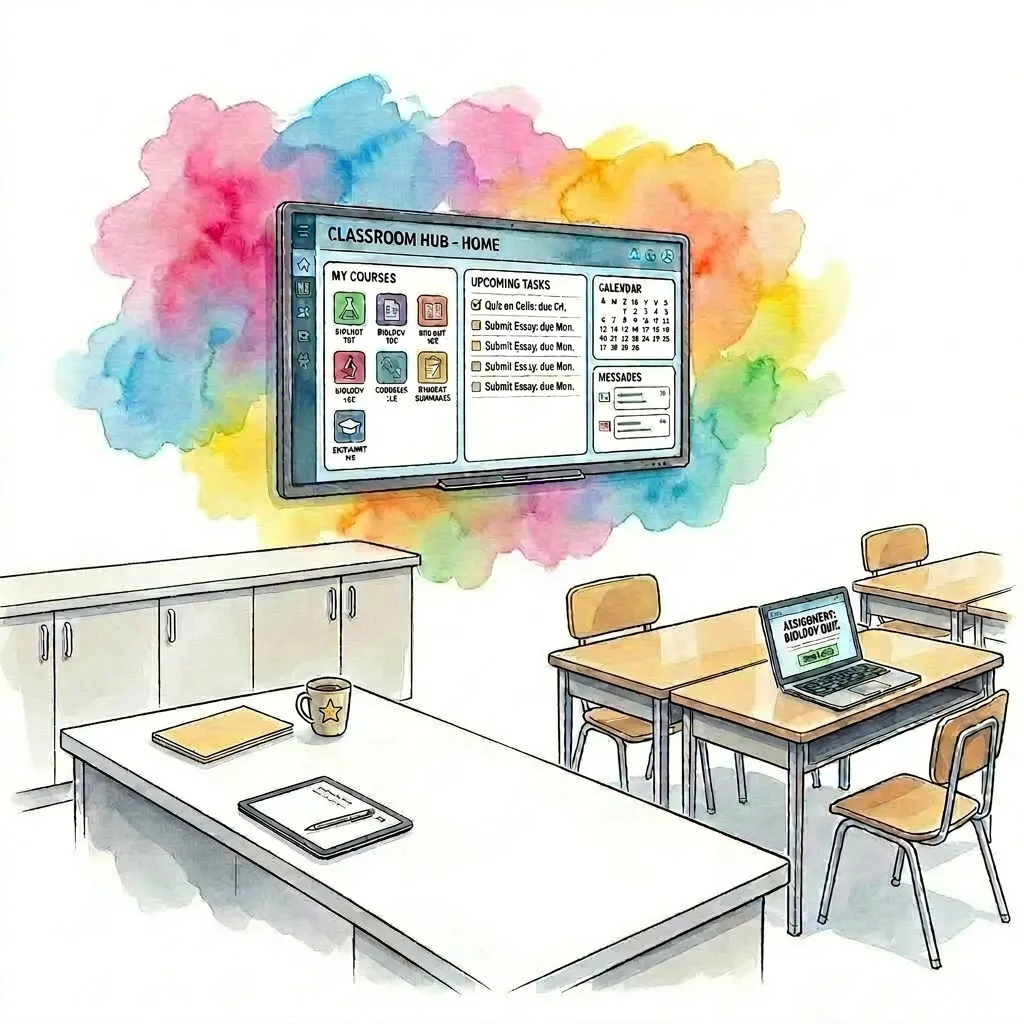 Classroom with a smart board and student desks